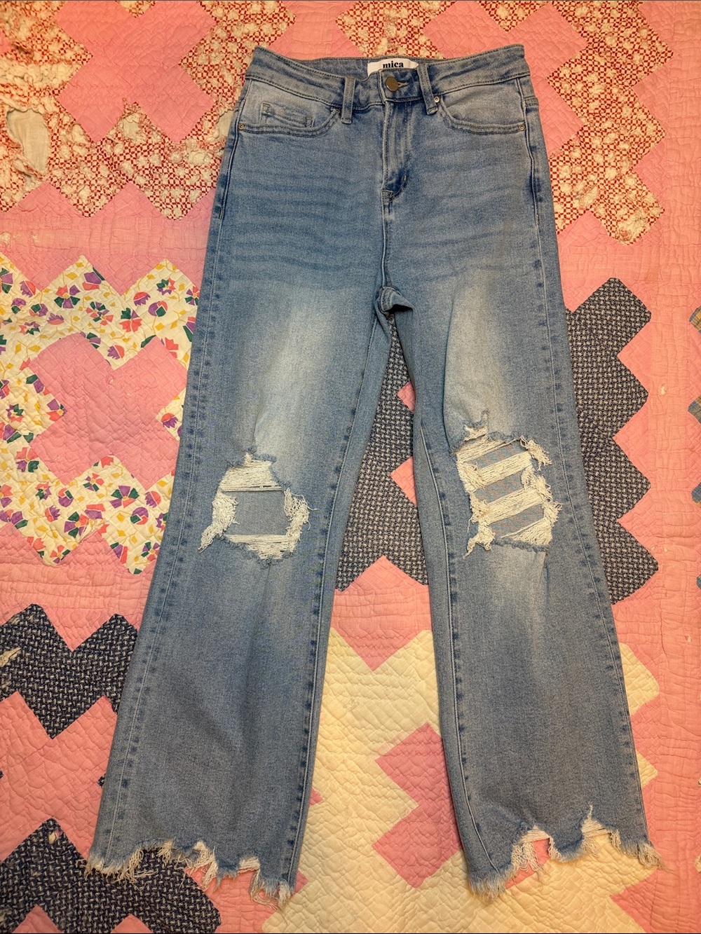 Mica Light Blue Distressed Wide Leg Jeans